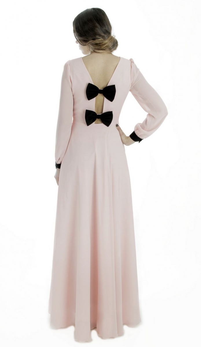 vestido largo de fiesta rosa palo manga larga para boda